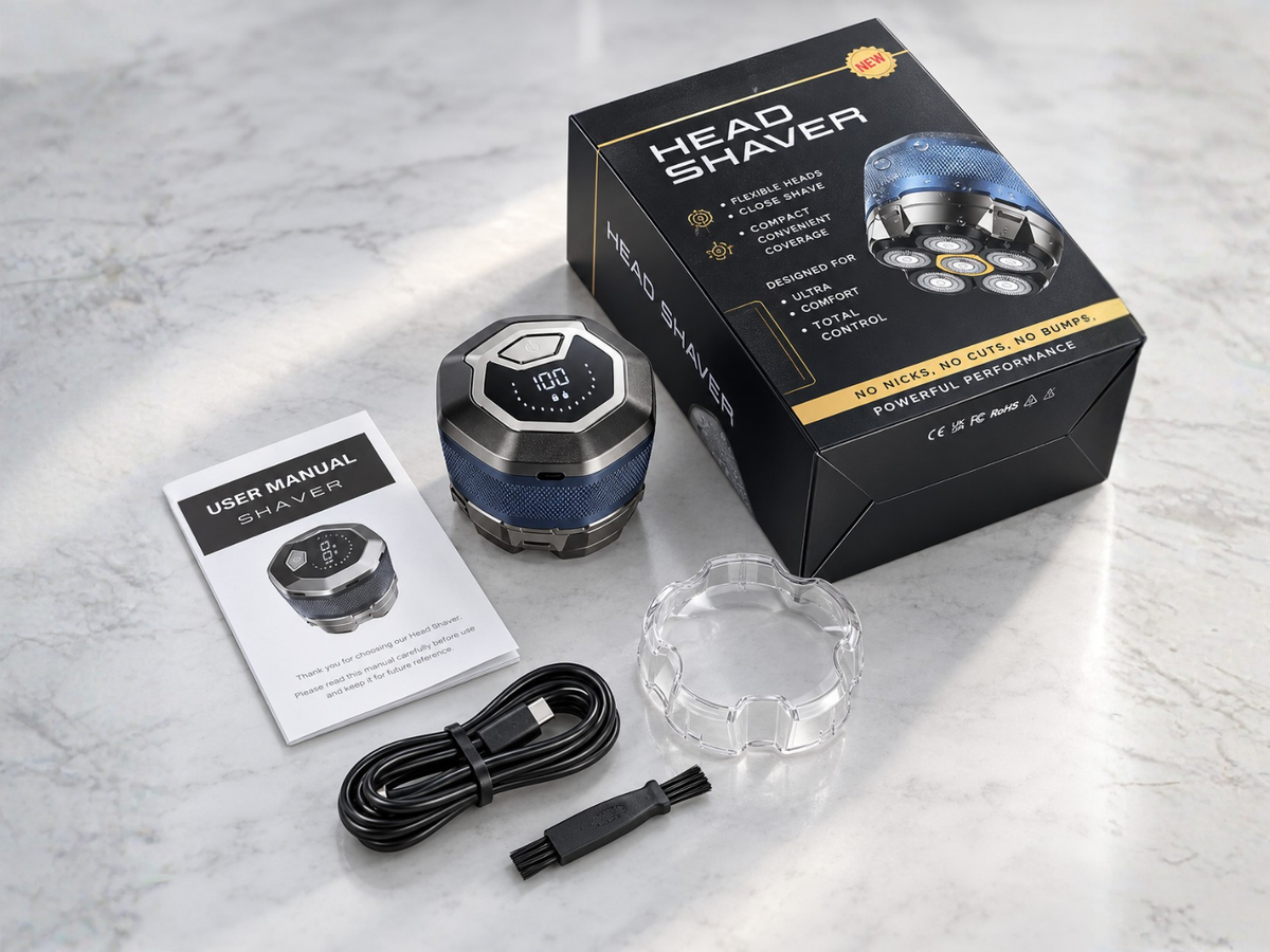 ContourSix Rotary Head Shaver with box, transparent protective cover, USB-C charging cable, cleaning brush and user manual