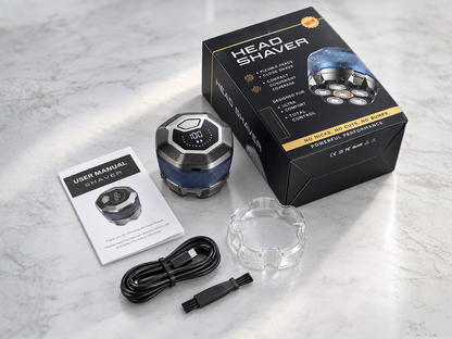 ContourSix Rotary Head Shaver with box, transparent protective cover, USB-C charging cable, cleaning brush and user manual