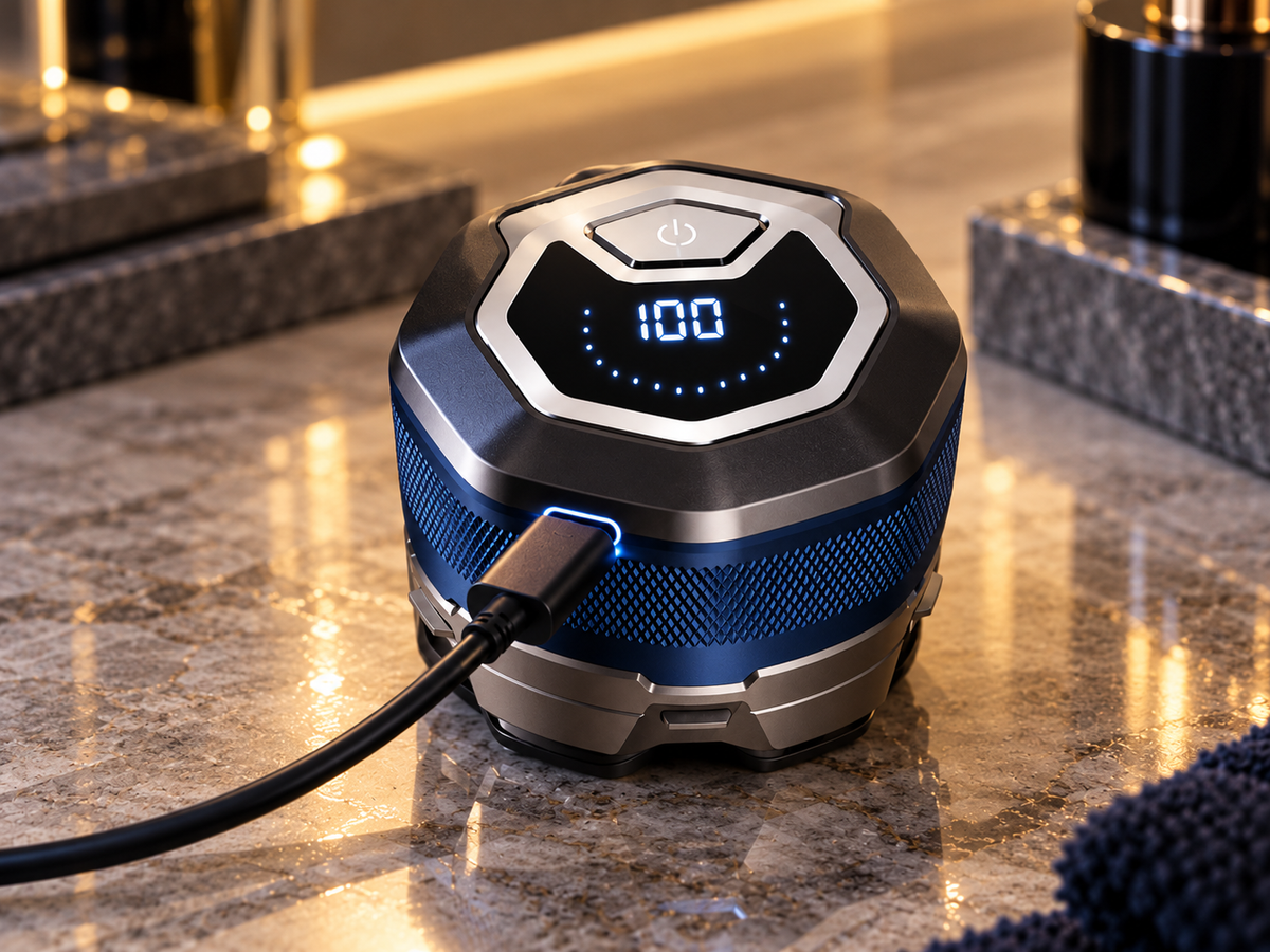 ContourSix Rotary Head Shaver charging via USB-C with LED battery display