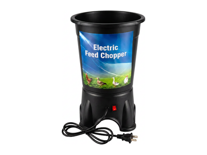Black FarmChop electric feed chopper, front view with the power cord and red on/off switch, on a white background