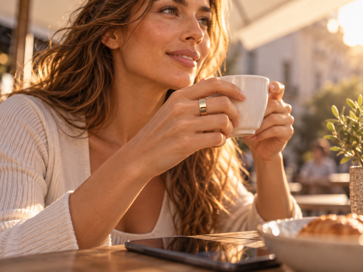 Woman wearing the Moonphase Smart Ring at a café
